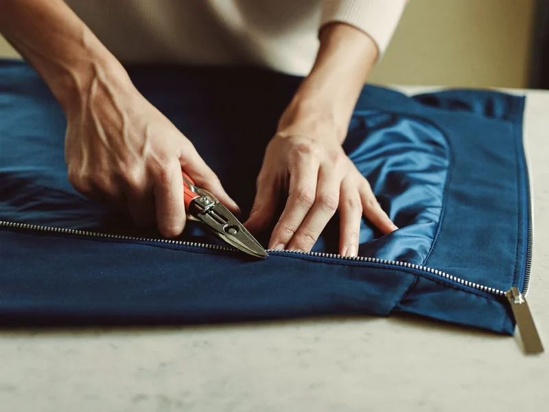 Illustration: Auftrennen einer Jacke mit geöffnetem Futter und neuem Metallreißverschluss