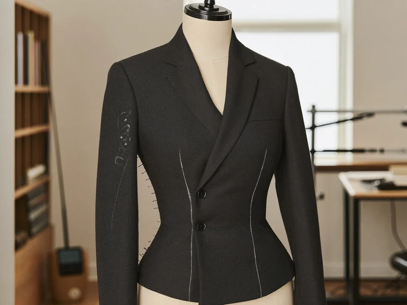 Illustration: Blazer auf der Schneiderpuppe mit Kreidelinien und Stecknadeln an der Seitennaht